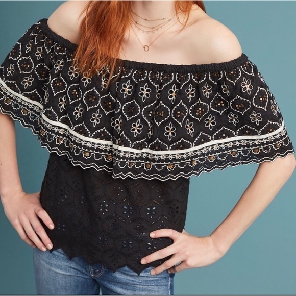 Hemant & Nandita Anthropologie Marva Off Shoulder Black Embroidered Top XS - Picture 2 of 14